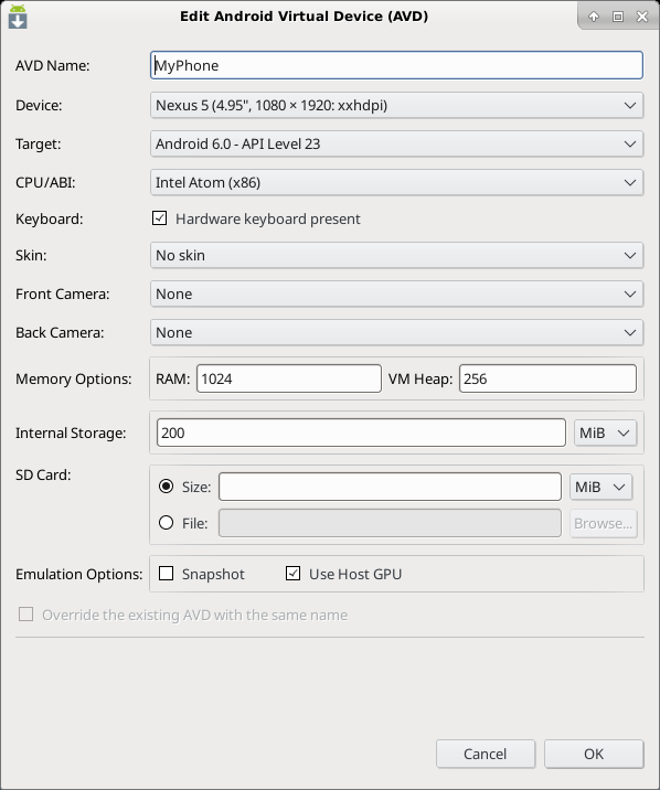 Emuator configuration.